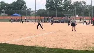 Playing 1B scoops low throw & fires to tag side of home plate to gun down would be tying run