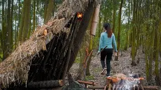 Survive Alone, Bushcraft Girl Builds New Survival Shelter, Catch and Cook | Wild Forest Life