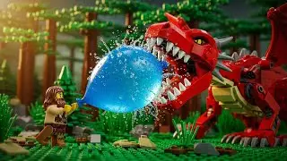 LEGO Dragon Attack! Yellow T-Rex & Caveman vs Red Fire Dragon | Epic LEGO Battle Animation. #lego 