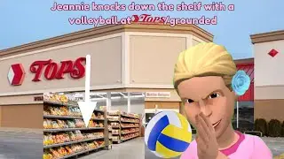 Jeannie knocks down the shelf with a volleyball at tops friendly markets/grounded