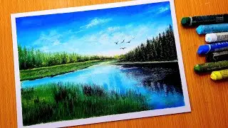 WILD FOREST LAKE /Oil Pastel Nature Drawing for Beginners / Easy Oil Pastel Landscape Painting