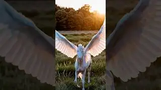 Majestic Pegasus winged horse at golden sunset meadow 🌅✨