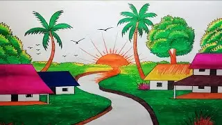 Simple village scenery drawing/How to draw village scenery/Koushole Deisso aka sikhun/Easy Technique