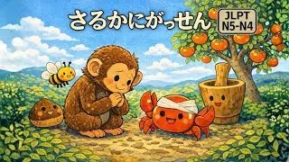 The Monkey and the Crab 🌙 | さるかにがっせん - Easy Japanese Listening [JLPT N5]