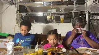 Baked beans, baked chicken, and corn