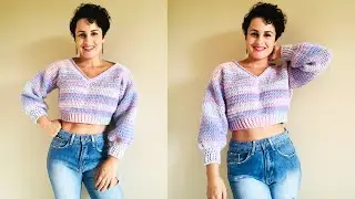 CROPPED DE CROCH&Ecirc; COM MANGA LONGA
