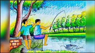 How to draw two boys fishing step by step/Fishing scenery drawing for beginners/Easy Fishing drawing