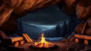 Cozy Cave Campfire | Crackling Fire & Gentle Snow Ambience | 1.5 Hours