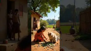 Village Girl Collects Dry Leaves While Giant Cat Watches #cat #catplay #explodingkittens #village