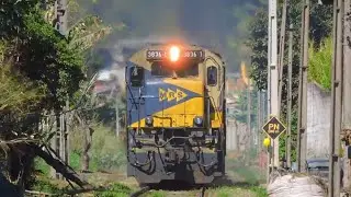 Dupla de locomotivas GE C36-7 acelerando forte na rampa com vagões plataformas na saída de Três Rios