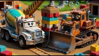 A team of cheerful RC construction vehicles including a big Cement Truck