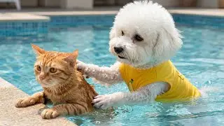 HERO PUPPY Saves Drowning Cat! 🙀 First Swimming Lesson 🏊‍♂️