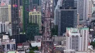 Aerial view of a busy street in Thanon Phaya Thai, Bangkok, Thailand. Modern skyscrapers and