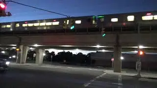Two LIRR M7 Trains at Lindenhurst with Fire Truck and Incandecent Traffic Light - Travis St Overpass