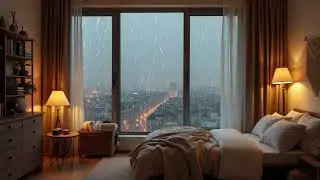 Soft Piano & Rain Sound - Warm Room With Large Window View Of City Streets Disappearing Into The Fog