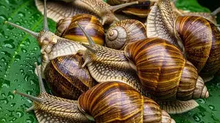 Soothing Slow-Motion: Snail's Journey Across Mossy, Wet Rock 💧