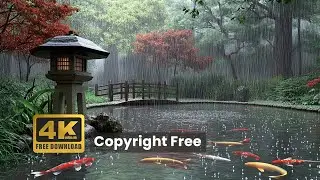 Copyright Free Rainy Japanese Garden Desktop Animation with Koi Pond | 4K Relaxation