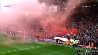 Liverpool Fans with pyroshow at Craven Cottage