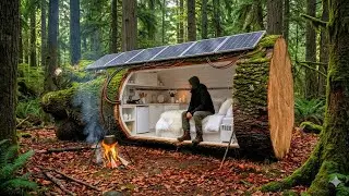 Building a House in the Forest (ASMR) &mdash; A Man Builds a Mini House Inside a Tree Trunk