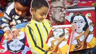 A Kid Draws Devi Saraswati In Jamini Roy Style | Simple Goddess Saraswati Drawing | Oil Pastel