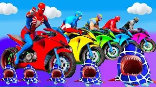SPIDER MAN Takes on Spiral Bridge Stunt Ride on Motorcycle🦺🥽بطال الخارقين على القضبان دوامة قمع جس