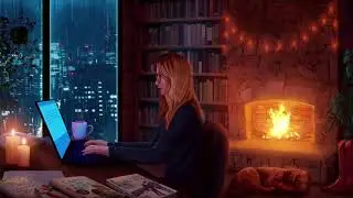 Writer's Room Rainy Day in New York: Rain, Fireplace, Typing Ambience (3h/cozy sounds)