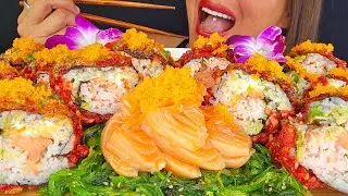 EATING CRISPY HOT CHEETO CRUSTED FRIED SUSHI & SALMON SASHIMI ASMR MUKBANG BIG BITES SEAWEED