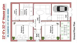 22x32 house plan with car parking, 2bhk 22' by 32' home plan, 22*32 house design, house map #shorts
