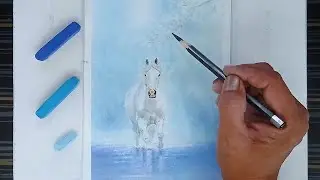 Running horse landscape drawing by pencil and soft pastels.