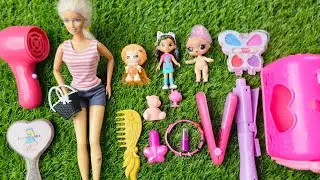 Barbie Doll & Mini Dolls Makeup Fun 💄 | Cute Hair Dryer, Comb & Bag Playset | Toy Video for Kids