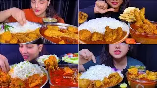 Asmr Eating Lal Lal Murgir Jhol with Basmati Rice Salad Green Chilli 🌶 Chicken Curry Eating Show 