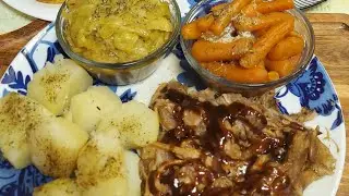 BBQ pork/,potatoes/carrots/cabbage/Hotwater cornbread/soda/double chocolate cake 