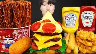 ASMR MUKBANG | гамбургер, Сырная палочка, Огненная лапша, жареная курица рецепт блюда принимать пищу