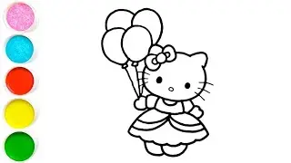 Cute Hello kitty with balloons drawing painting coloring for kids and toddlers Art for beginners 
