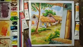 How to draw beautiful simple easy Bengali village picture on watercolor step by step//simple art