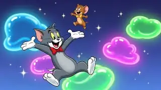 Tom and Jerry jumping on the glowing jelly clouds 
