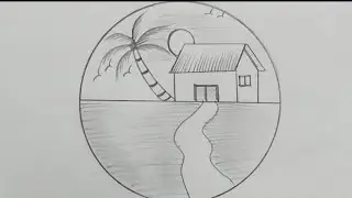 How To Draw Easy Circle Drawing| #house #tree #road #sunset #sun #birds