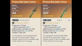 Primordial Jade Cutter weapon appearance base vs. ascended in Genshin Impact