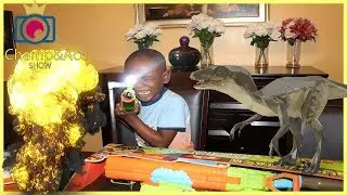 Nerf and X-Shot Jurassic World Dinosaur Battle! Champ and Ace vs Dino Man!