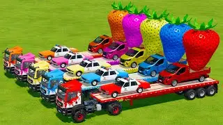 TRANSPORTING GIANT STRAWBARRYS, CHEVROLET POLICE & NISSAN CARS WITH MAN TRUCKS - Farming Simulator 2