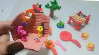 DIY How to make polymer clay miniature Village House, Washroom Set,Kitchen Set,Tree, Charpai/part2/m