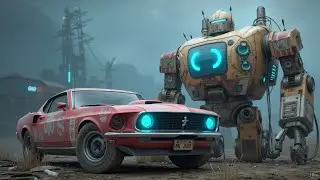 Retro Synthwave Drive & Robot Guardian - 80s Nostalgia Road Trip Vibes