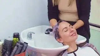A very beautiful brunette woman gets blonde highlights and a fantastic bob.