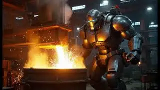 A factory golem mixes molten steel in an industrial midnight foundry. 