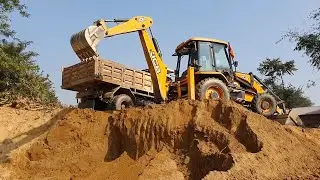 JCB Backhoe Cutting Soil and Loading in Dump Truck - Dump Truck Carrying Soil Collection Video 2