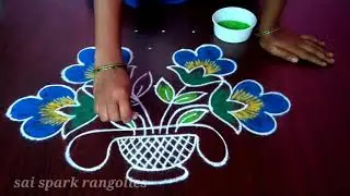 atractive design flower pot rangoli with (7*4)dot. new rangoli kolangal. flower pot rangoli kolangal