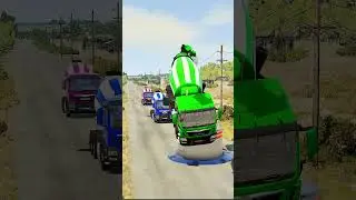 6 Cars Mixer Truck vs Giant Bollards Crash - BeamNG.drive Gameplay