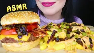 BACON CHEESEBURGER & LOADED FRIES 🍔| Collab with @PandaEatsASMR  | Whispering | ASMR Mukbang - 먹방