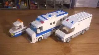 Lego city police custom parking enforcement vehicle, bomb squad unit, and an undercover swat van.
