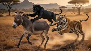 donkey Hunted by Four Hungry Tigers Across the Grasslands